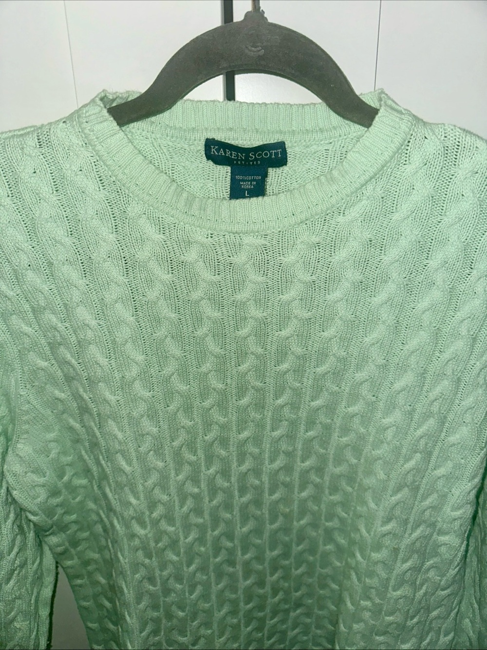 Karen Scott Women’s Lime Green Cable Knit Sweater Preppy Size Large Petite